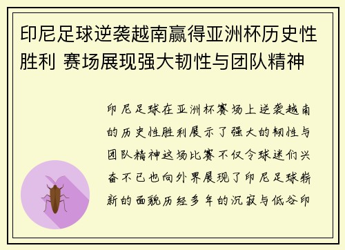 印尼足球逆袭越南赢得亚洲杯历史性胜利 赛场展现强大韧性与团队精神